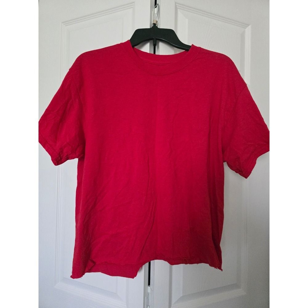 Gildan T-Shirt Unisex Large Red Y2K Cropped Raw Hem Dry Blend Short Sleeve